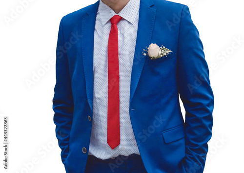 Business man in white shirt, blue suit and red tie on white background isolated