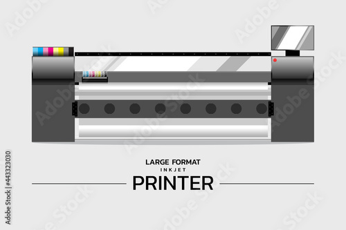 Gray Large Format Inkjet Printer with 6 Colors cartridge. Industry mechanic machine for billboard or sign banner. Vector illustration for printing advertisement.