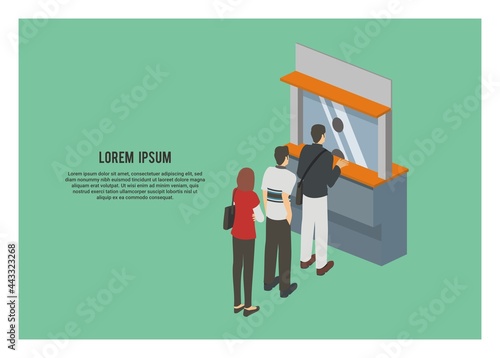 Queue of people in front of a ticket box simple illustration in isometric view