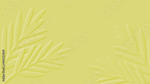 Summer yellow background with tropical leaves frame paper cut style.
