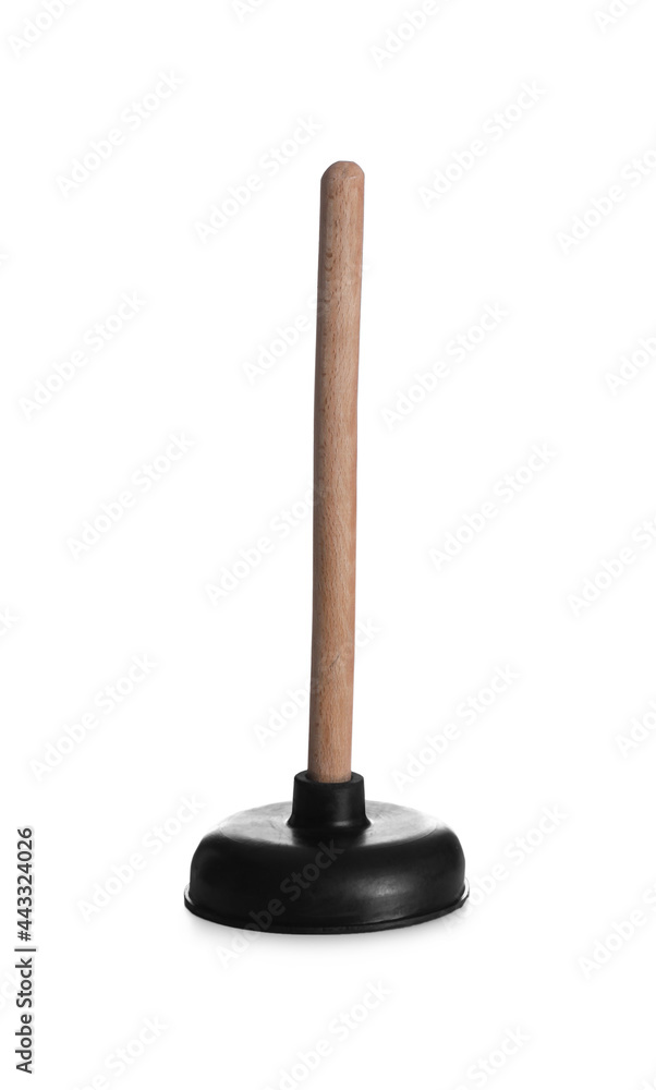 Plunger with wooden handle isolated on white. Pipe cleaning tool Plunger with wooden handle isolated on white. Pipe cleaning tool