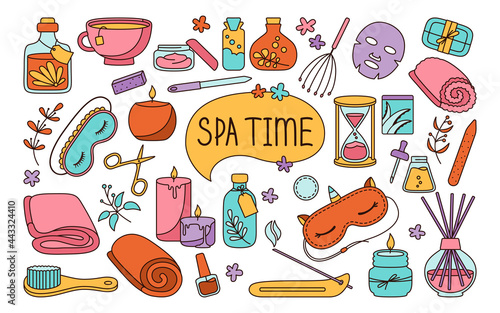 Spa and beauty care salon doodle colorful set. Skin care and natural treatment, me time concept. Bright spa aromatic oil lotion towel sleep mask and hourglass, cartoon cup. Female body health vector
