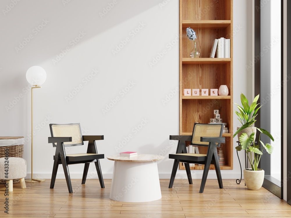 Modern interior of living room have chair with table on white wall and ...