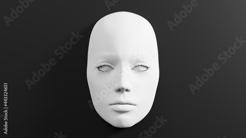White plastic female mask on black background. 3D rendered image.