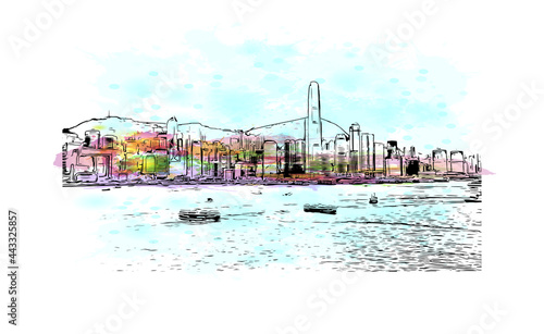 Building view with landmark of Hong Kong is city in  China. Watercolor splash with hand drawn sketch illustration in vector.