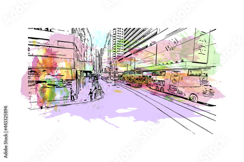 Building view with landmark of Hong Kong is city in  China. Watercolor splash with hand drawn sketch illustration in vector.