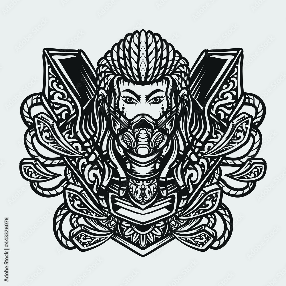 tattoo and t shirt design black and white hand drawn cyberpunk women gas mask engraving ornament tattoo and t shirt design black and white hand drawn cyberpunk women gas mask engraving ornament