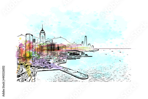 Building view with landmark of Hong Kong is city in  China. Watercolor splash with hand drawn sketch illustration in vector.
