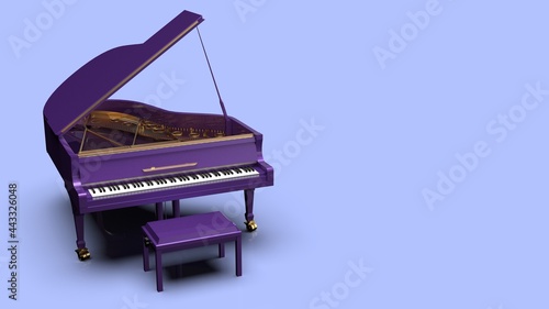 Purple-Gold Grand Piano under sky blue background. 3D illustration. 3D high quality rendering. 3D CG.