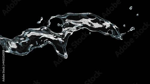 Water splash on black background. 3D animation of clear liquid, alpha channel as matte mask included.