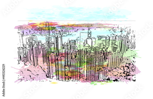 Building view with landmark of Hong Kong is city in  China. Watercolor splash with hand drawn sketch illustration in vector.