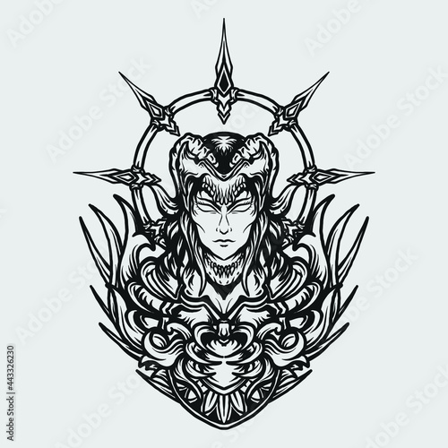 tattoo and t shirt design black and white hand drawn demon queen engraving ornament 