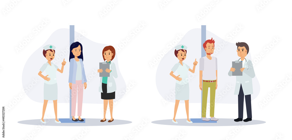 Nurse and doctor are measuring patients height in hospital.Flat vector cartoon character illustration. Nurse and doctor are measuring patients height in hospital.Flat vector cartoon character illustration.