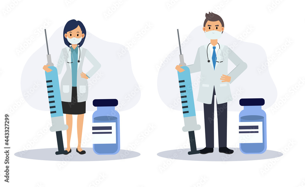 vaccination concept. Covid-19.Set of Male and female doctors in masks with syringe and vaccine. Healthcare, coronavirus. Flat vector cartoon character illustration.