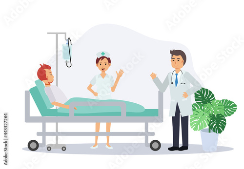 Doctors and nurse are visiting patients in ward.man lying in bed in hospital room. Flat vector cartoon character illustration.