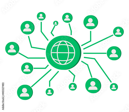 Connected people as social community networking worldwide tiny person concept. Linking business contacts online in social media vector illustration. Cooperation and teamwork using internet connection