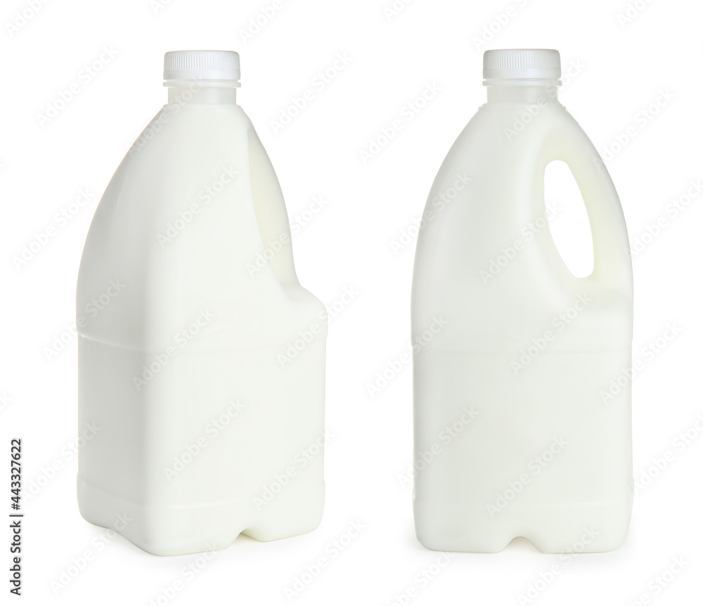 Gallon bottles of milk on white background, collage Gallon bottles of milk on white background, collage