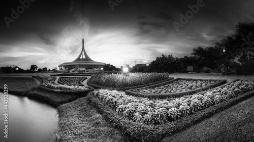 Panorama Infrared Photography Black and White Bangkok, Thailand​ Suanluang​ RAMA IX Public Park​ and botanical​ garden, the​ largest​ in​ Bangkok, Thailand.	