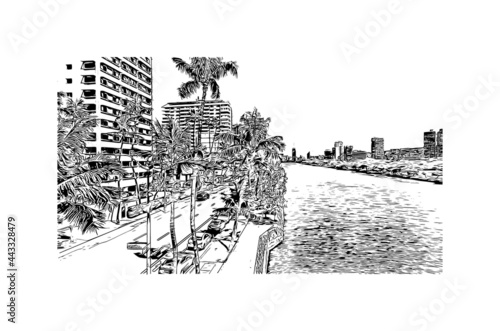 Building view with landmark of Honolulu is the 
city in Hawaii. Hand drawn sketch illustration in vector.