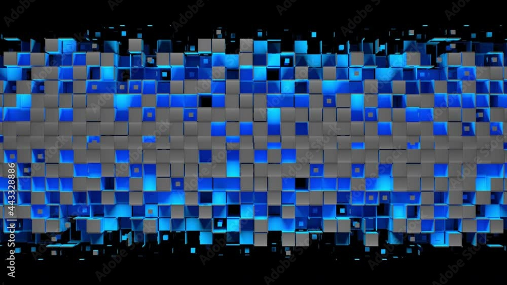 Blue square cells form vertical abstract carbon doors that closes the black screen. Nanotech concept. 3D animated transition intro with alpha channel as matte mask and chroma key color id. Blue square cells form vertical abstract carbon doors that closes the black screen. Nanotech concept. 3D animated transition intro with alpha channel as matte mask and chroma key color id.