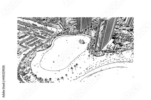 Building view with landmark of Honolulu is the 
city in Hawaii. Hand drawn sketch illustration in vector.