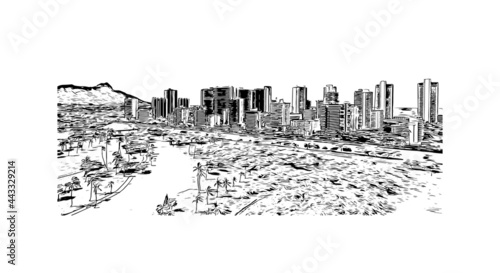 Building view with landmark of Honolulu is the city in Hawaii. Hand drawn sketch illustration in vector.