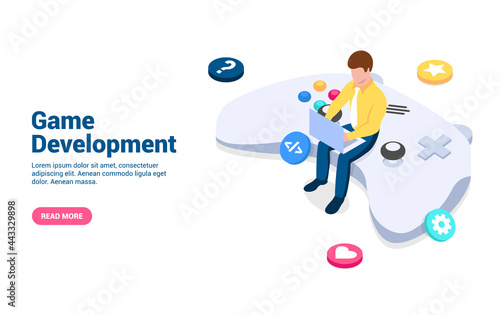 Game development concept. Vector illustration in isometric style isolated on white background