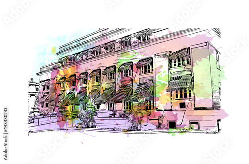 Building view with landmark of Hot Springs is the 
city in Arkansas. Watercolor splash with hand drawn sketch illustration in vector. photo