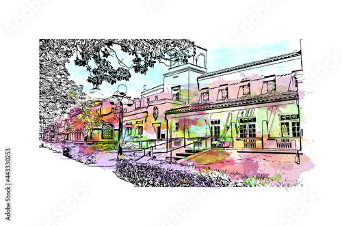 Building view with landmark of Hot Springs is the 
city in Arkansas. Watercolor splash with hand drawn sketch illustration in vector. photo