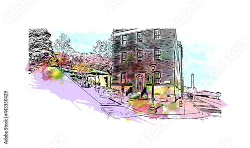 Building view with landmark of Hot Springs is the 
city in Arkansas. Watercolor splash with hand drawn sketch illustration in vector.