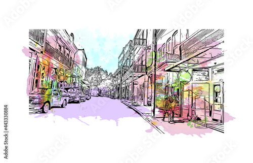 Building view with landmark of Hot Springs is the 
city in Arkansas. Watercolor splash with hand drawn sketch illustration in vector.