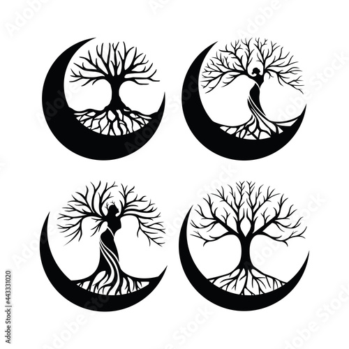 Set of tree of life crescent moon decoration element