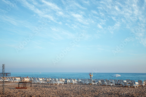 Beautiful beach, sea view. This morning on an empty beach, holidays by the sea, vacation time. © Aliaksandr Marko