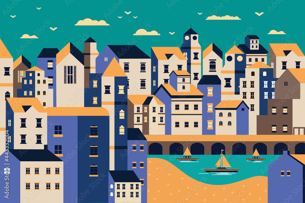 Landscape city riverbank flat design illustration