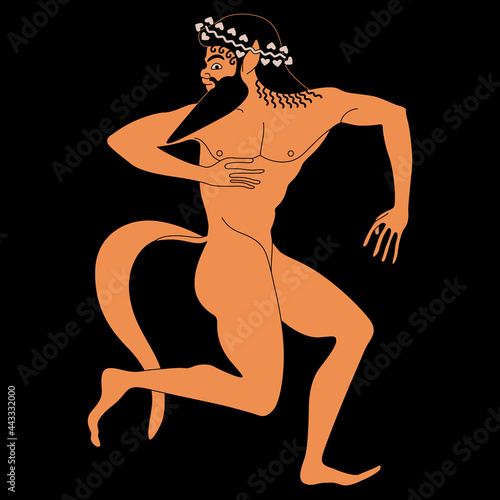 Running or dancing ancient Greek satyr or Silenus. Vase painting style. On black background.