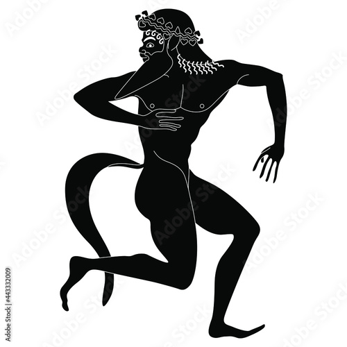 Running or dancing ancient Greek satyr or Silenus. Vase painting style. Black and white negative silhouette.
