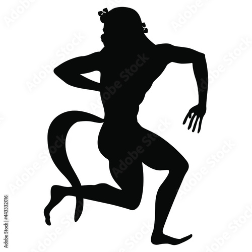 Running or dancing ancient Greek satyr or Silenus. Vase painting style. Black silhouette on white background.