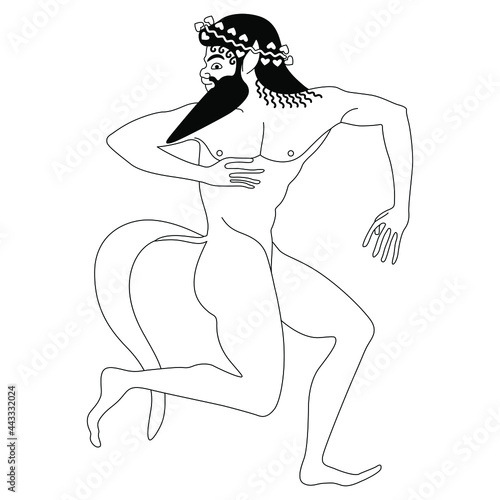 Running or dancing ancient Greek satyr or Silenus. Vase painting style. Black and white linear silhouette.