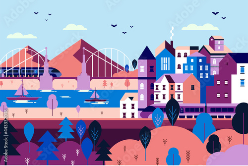 Landscape port in the midle of urban city flat design illustration