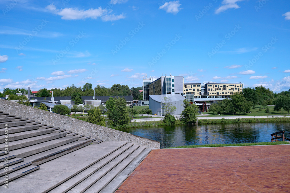 Trent University is a small city liberal arts university with modern architecture in a scenic riverside location.