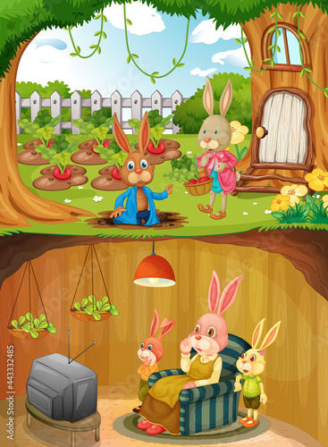 Rabbit family in underground with ground surface of the garden scene