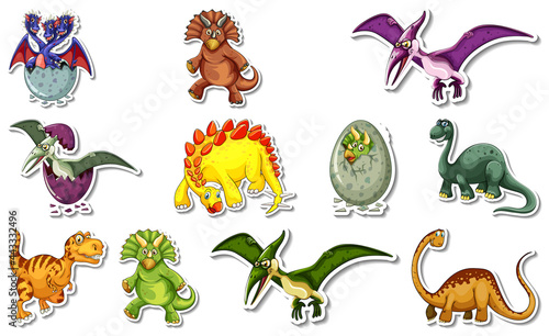 Fototapeta Naklejka Na Ścianę i Meble -  Sticker set with different types of dinosaurs cartoon characters