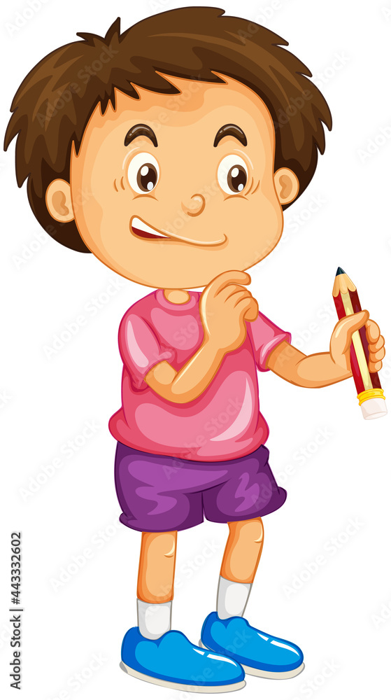 A boy holding a pencil cartoon character isolated on white background A boy holding a pencil cartoon character isolated on white background