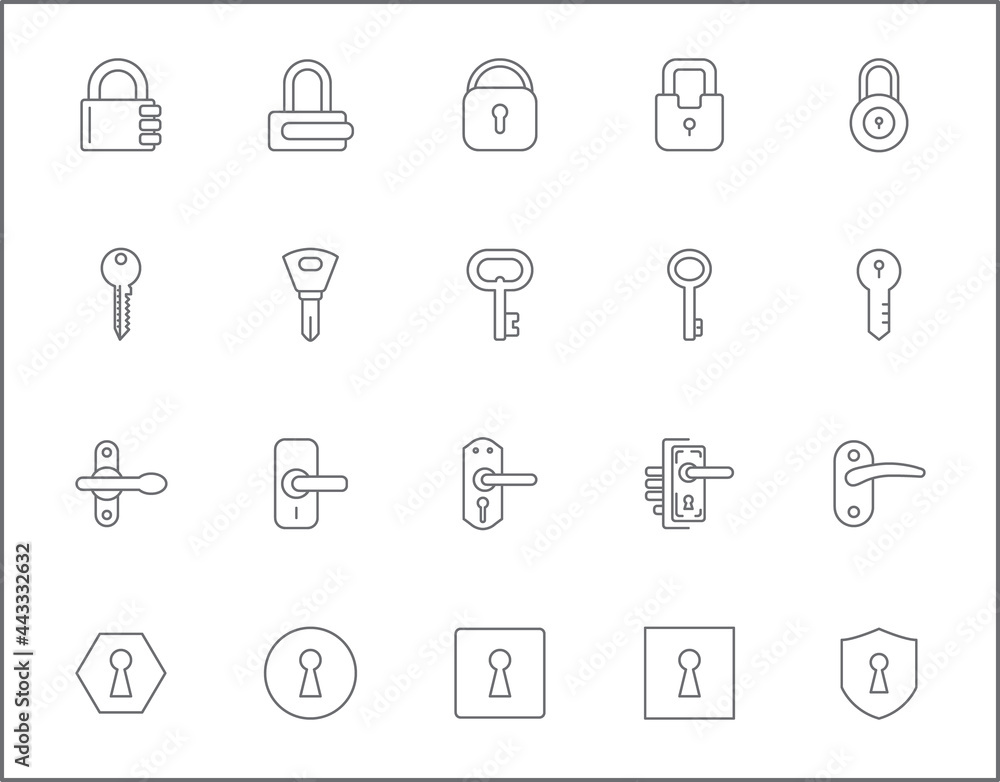 Set of Key and Lock line style. It contains such as door handle, knob, keyhole, safety, entrance, closed, protection, private, security and other elements. Set of Key and Lock line style. It contains such as door handle, knob, keyhole, safety, entrance, closed, protection, private, security and other elements.