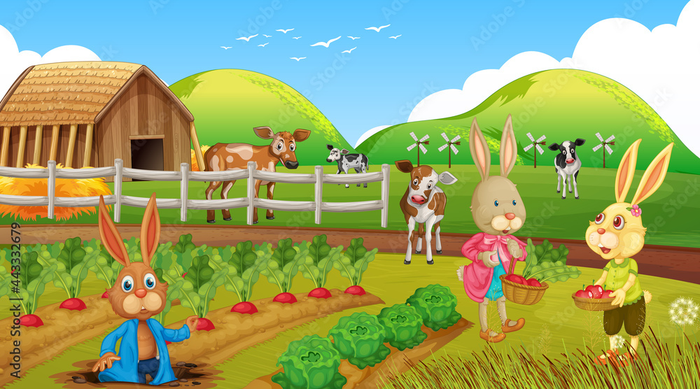 Garden scene with rabbit family cartoon character Garden scene with rabbit family cartoon character
