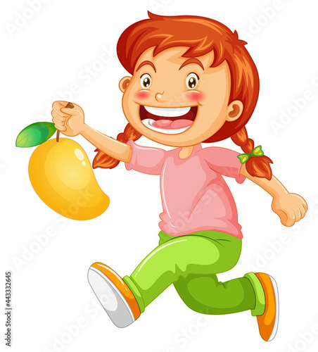 Happy girl cartoon character holding a mango