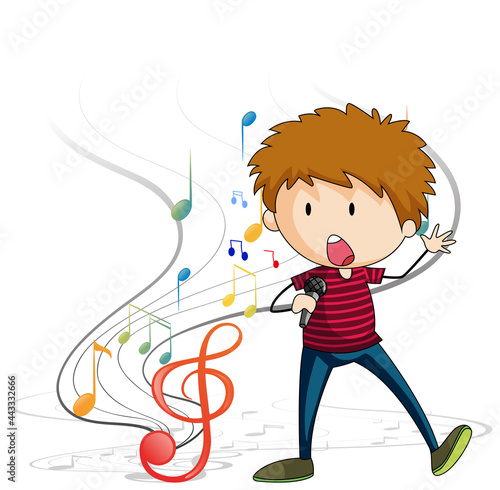 Doodle cartoon character of a singer boy singing with musical melody symbols