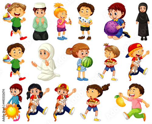 Children doing different activities cartoon character set on white background