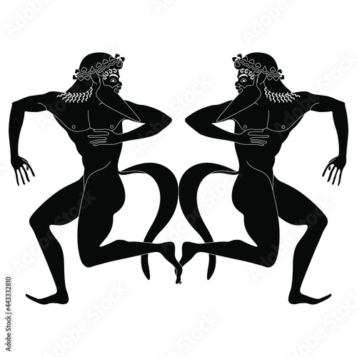 Symmetrical design with two running or dancing ancient Greek satyrs. Vase painting style. Black and white negative silhouette.