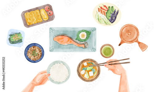 日本の朝食（和食）手描き水彩風イラスト